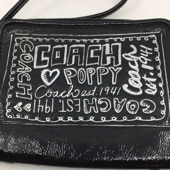 Coach Poppy Black Patent Leather Square Wristlet with Metallic Silver Lettering - Picture 2 of 16